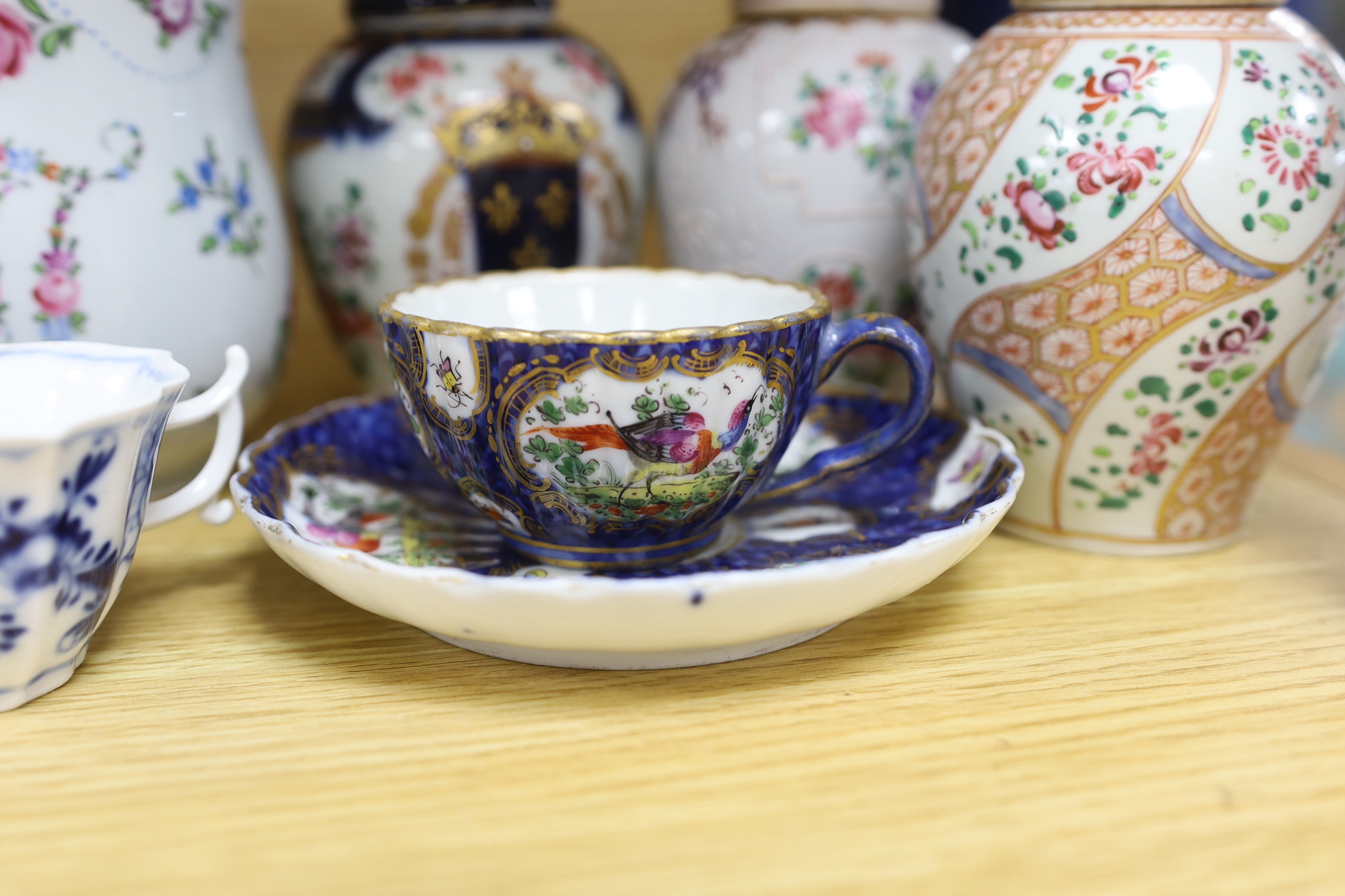 Samson-type porcelain tableware including baluster mug, 12.5cm high, and a Dresden lobed cup